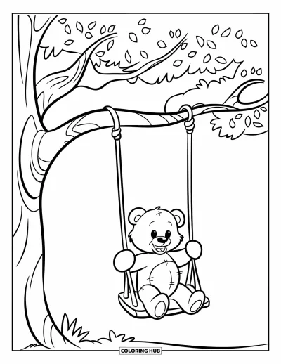 Dibujo de oso de peluche para colorear para niños: Un oso de peluche se columpia juguetonamente de la rama de un árbol, con un cielo brillante y abierto detrás