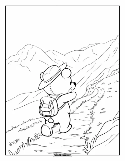 Dibujo de oso de peluche para colorear para niños: Un oso de peluche camina por un sendero de montaña sinuoso, con una mochila y una vista detrás