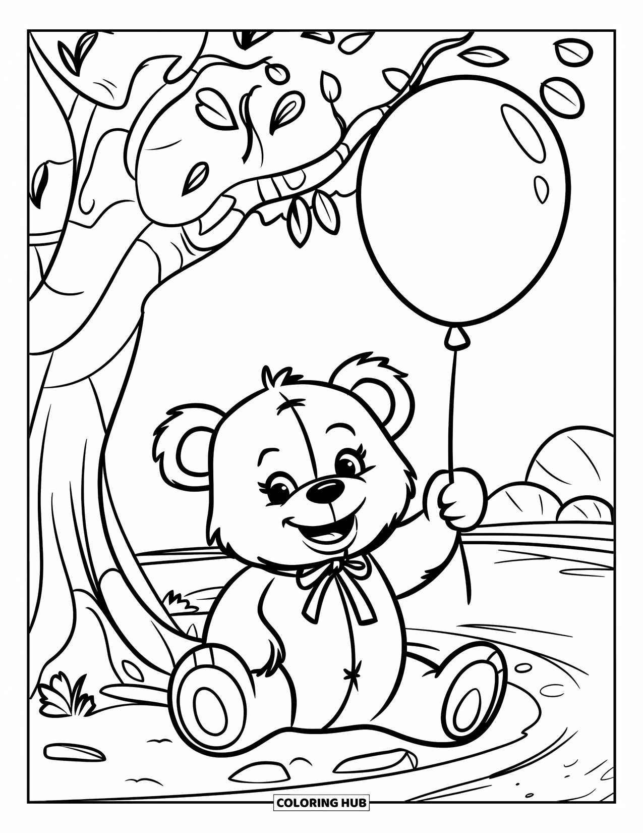 Teddy Bear Coloring Page for Kids: A teddy bear with a ribbon around its neck sits under a tree, holding a floating balloon