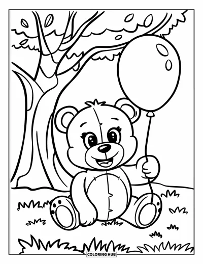 Dibujo de oso de peluche para colorear para niños: Un oso de peluche con ojos grandes se sienta debajo de un árbol, sosteniendo un globo, en un entorno tranquilo
