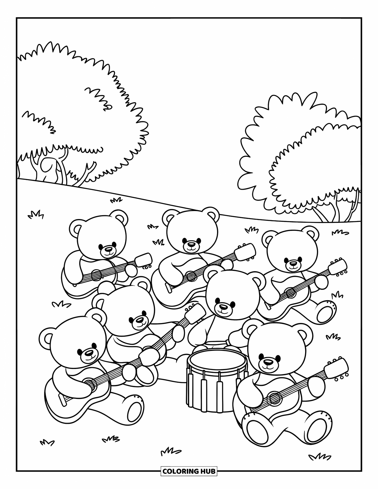 Teddy Bear Coloring Page for Kids: Teddy bears play guitars, drums, and a trumpet together in a grassy outdoor scene