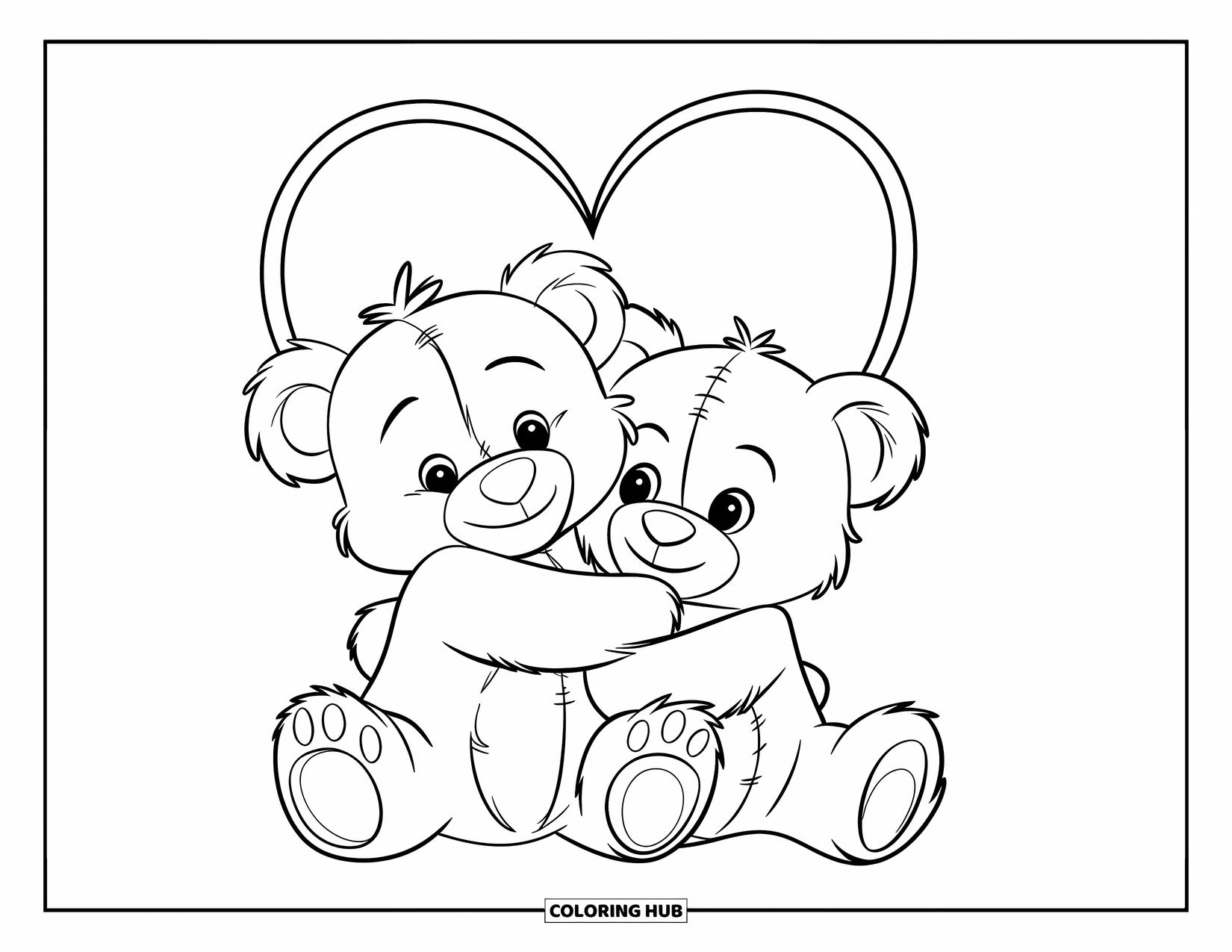 Teddy Bear Coloring Page for Kids: Two teddy bears hug warmly with a simple heart outline floating above them