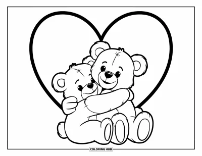 Dibujo de oso de peluche para colorear para niños: Dos osos de peluche comparten un abrazo sincero debajo de un contorno de corazón grande y llamativo