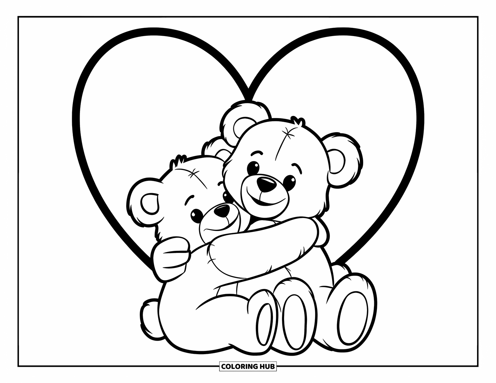Teddy Bear Coloring Page for Kids: Two teddy bears share a heartfelt hug beneath a large, bold heart outline