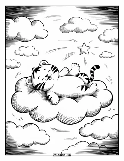 Coloriage de tigres pour adultes : Un tigre potelé se repose sur un nuage duveteux, tendant ses pattes vers une étoile lumineuse