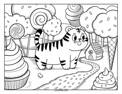 Coloriage de tigres pour adultes : Un tigre potelé se tient dans un monde sucré, entouré de sucettes, de glaces et d’arbres en barbe à papa