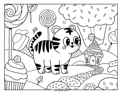 Coloriage de tigres pour adultes : Un petit tigre curieux dans un pays de douceurs, fasciné par une maison en bonbons au toit en spirale