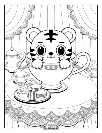 Coloriage de tigres pour adultes : Un tigre curieux surgit d’une tasse, dans un décor de goûter rempli de douceurs et de dentelle