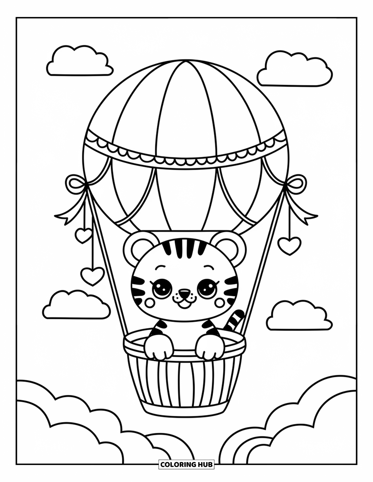 Tiger Ausmalbild für Erwachsene: Ein süßes Tigerjunges, das eine Fahrt in einem gestreiften Ballon genießt, umgeben von flauschigen Wolken und Hügeln