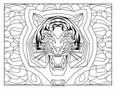 Coloriage de tigres pour adultes : Un visage de tigre géométrique aux formes angulaires marquées et au design symétrique envoûtant