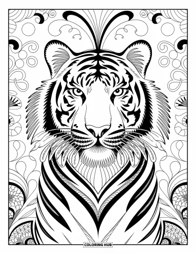 Coloriage de tigres pour adultes : Un tigre zentangle très détaillé, entouré de volutes, de motifs floraux et de lignes courbes