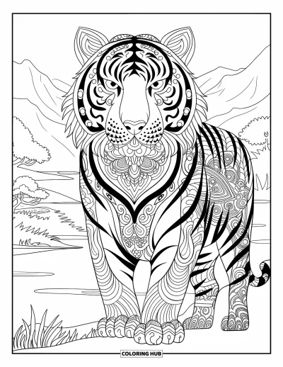 Coloriage de tigres pour adultes : Un tigre mandala au pelage ornemental tourbillonnant, dans un paysage paisible d’arbres et d’eau