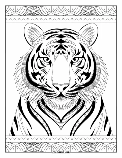 Coloriage de tigres pour adultes : Un portrait de tigre fascinant avec un tracé zentangle détaillé et de riches motifs en volutes