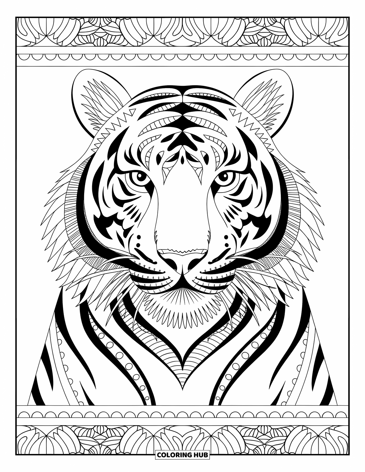 Tiger Ausmalbild für Erwachsene: Ein faszinierendes Tigerporträt mit detaillierter Zentangle-Linienführung und aufwendigen, wirbelnden Designs
