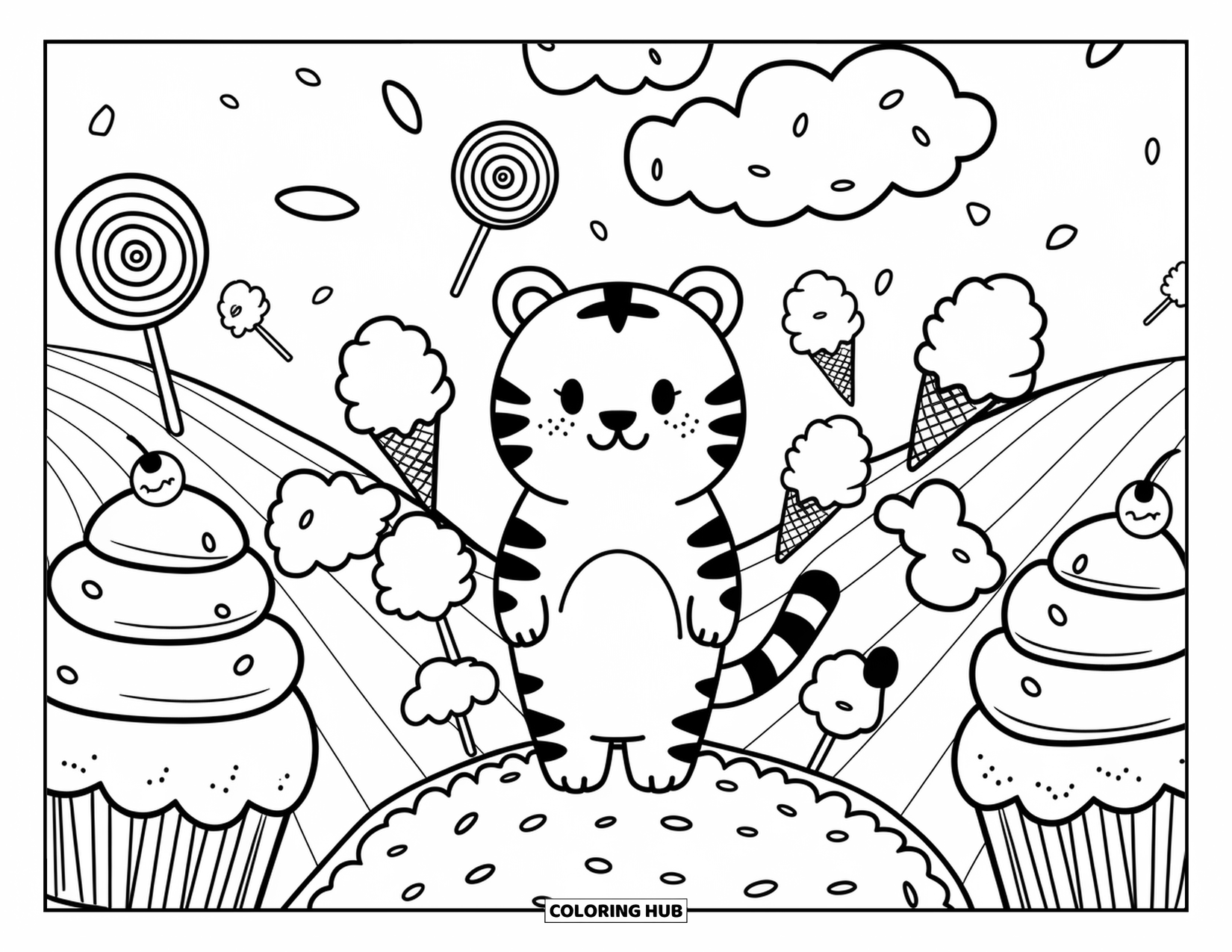 Tiger Ausmalbild für Erwachsene: Ein verspielter Tiger, der eine süße Welt mit gewirbelten Lollis, flauschigen Zuckerwattewäldern und bestreuten Straßen erkundet