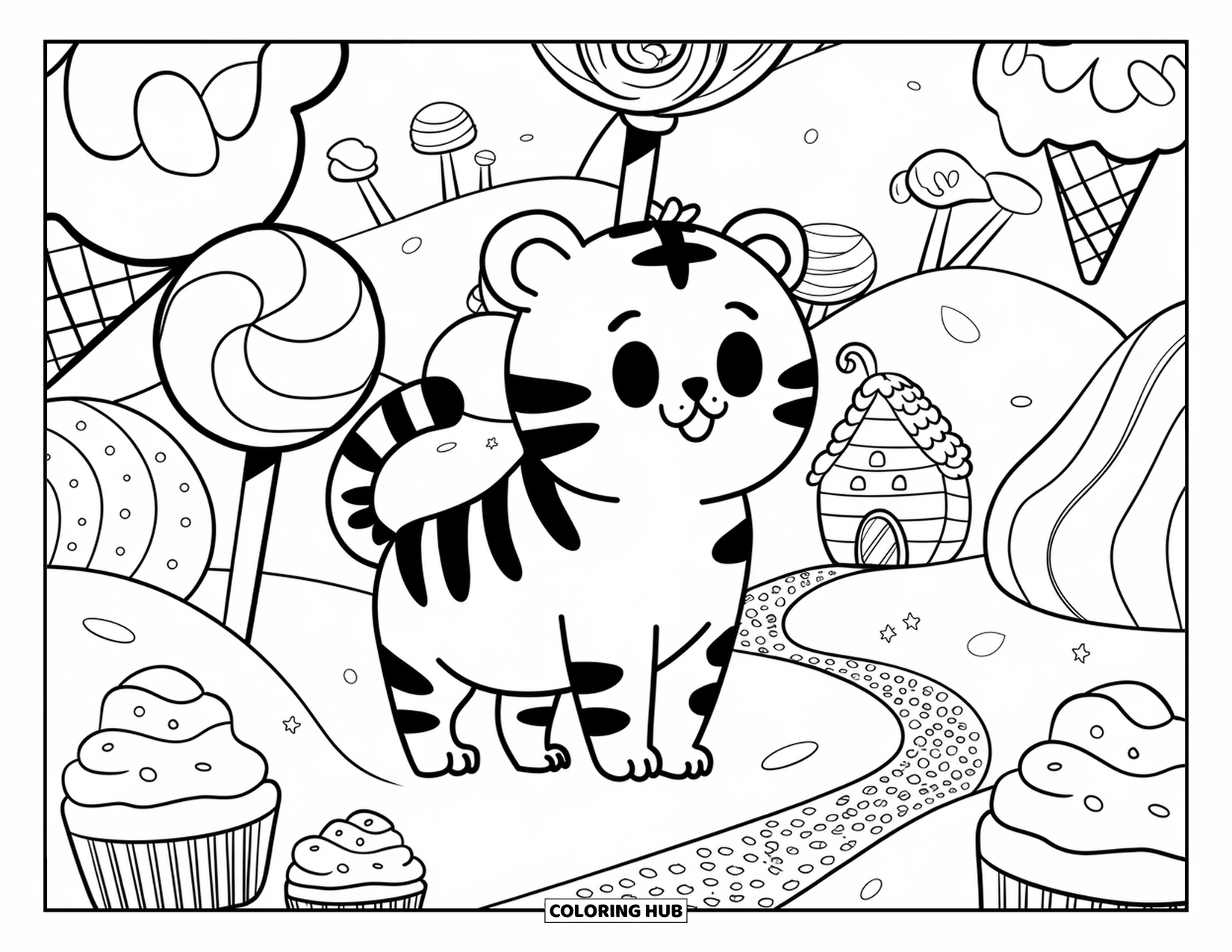 Tiger Ausmalbild für Erwachsene: Ein rundes Tigerjunges, das ein winziges Süßigkeitenhaus betrachtet, mit cupcake-förmigen Hügeln und einem Kekspfad