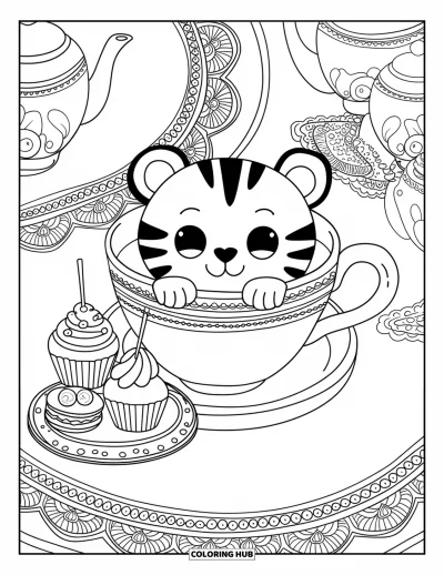 Coloriage de tigres pour adultes : Un petit tigre passe la tête hors d’une tasse géante, entouré de cupcakes et de macarons sur une petite table
