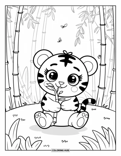 Coloriage de tigres pour adultes : Un petit tigre assis sur une herbe tendre contemple une pousse de bambou pendant que des feuilles volent dans l’air