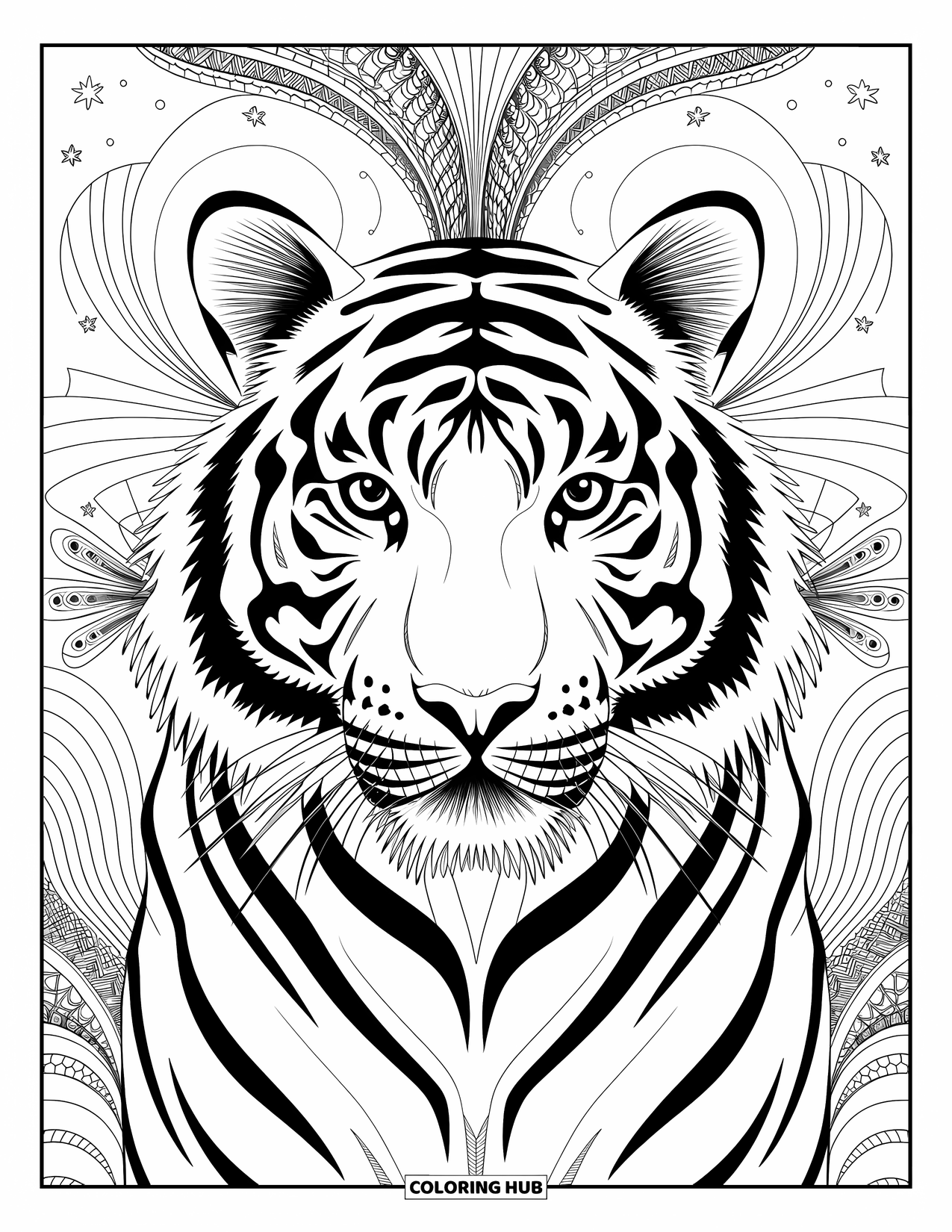 Tiger Ausmalbild für Erwachsene: Ein stilisiertes Tigergesicht, gefüllt mit komplizierten Zentangle-Mustern, umrahmt von dekorativen Bordüren