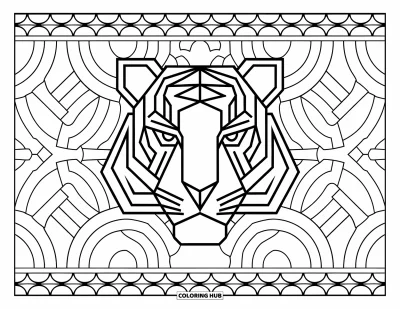 Coloriage de tigres pour adultes : Un visage de tigre stylisé avec des motifs géométriques nets, entouré de motifs circulaires décoratifs