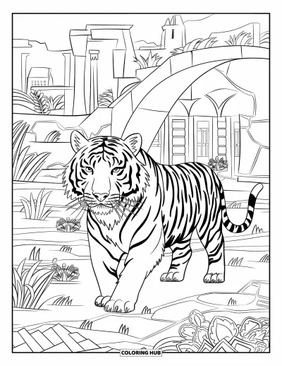 Coloriage de tigres pour adultes : Un paysage surréaliste avec un tigre, une flore lumineuse et une cité ancienne au loin