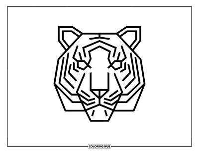 Coloriage de tigres pour adultes : Un visage de tigre symétrique aux lignes géométriques nettes, sur un fond abstrait à motifs