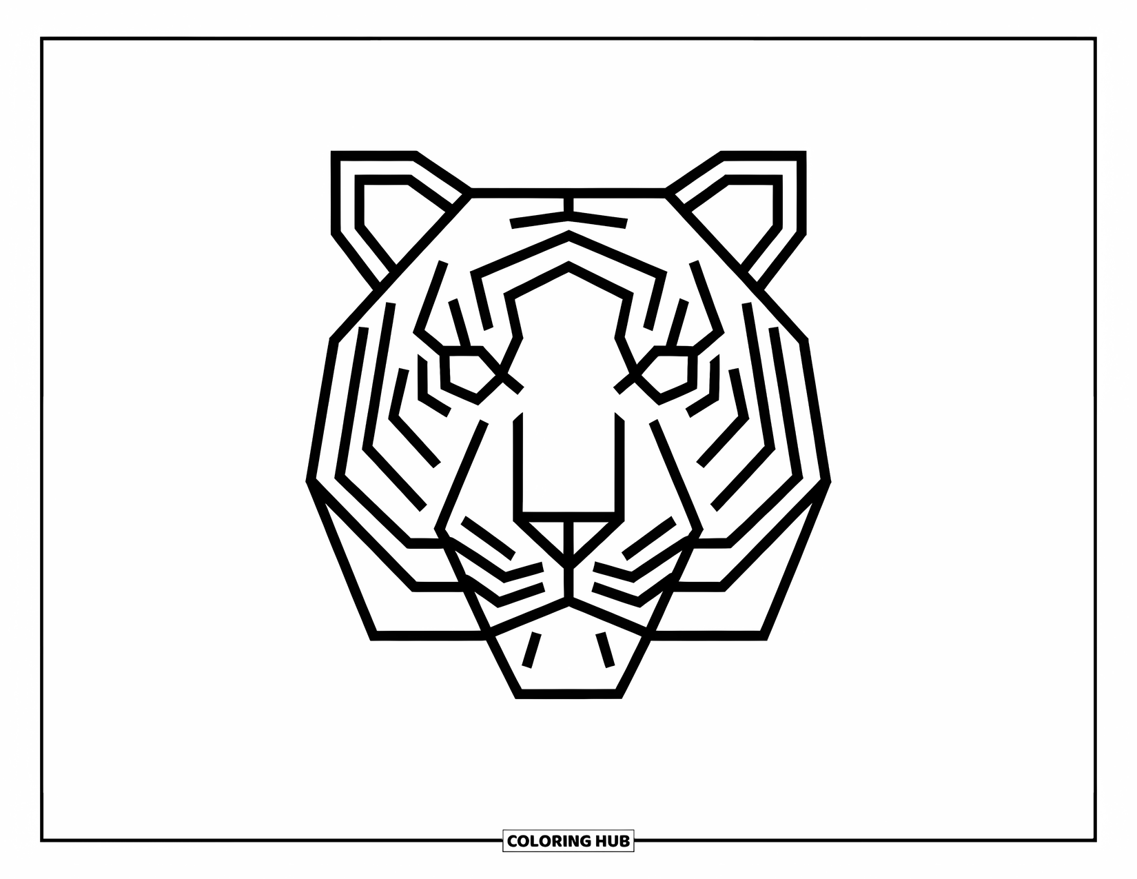 Tiger Ausmalbild für Erwachsene: Ein symmetrisches Tigergesicht mit klaren geometrischen Linien, vor einem abstrakten gemusterten Hintergrund