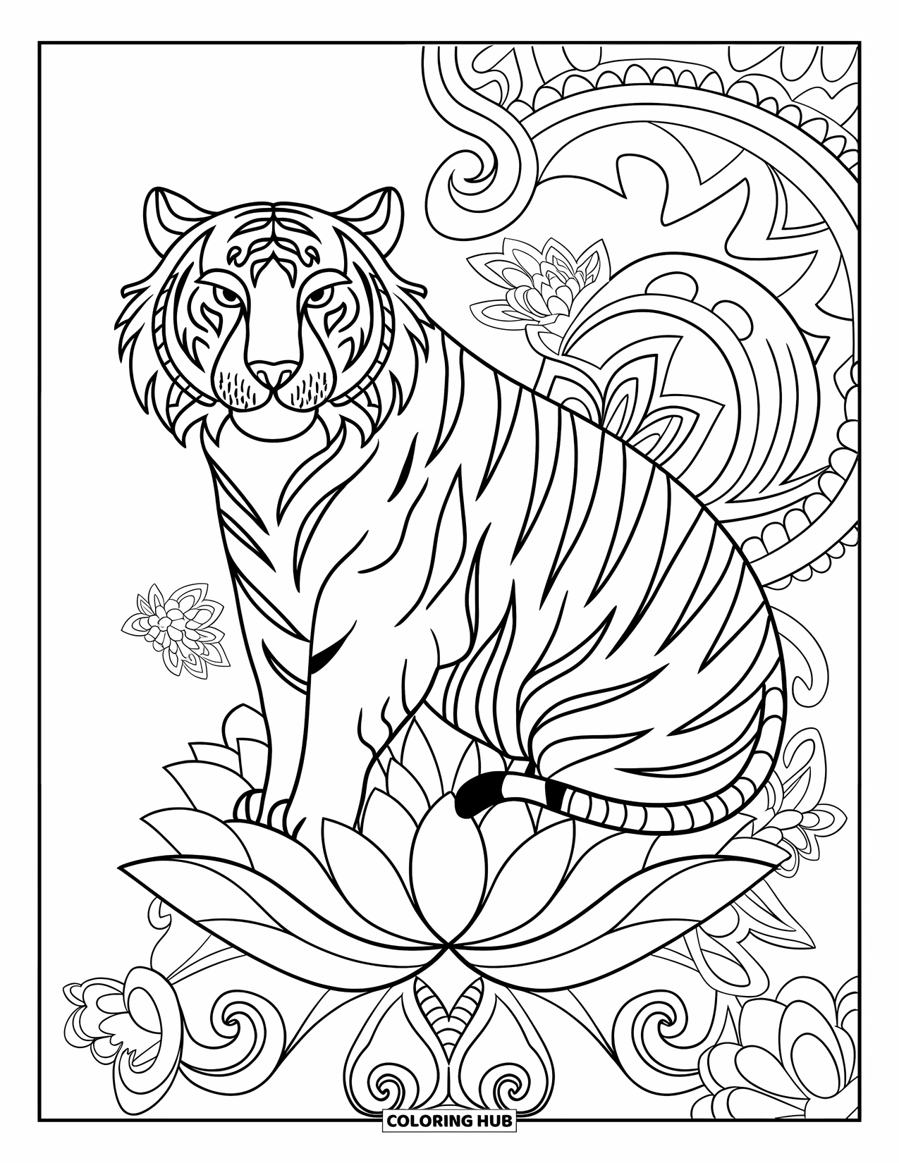 Tiger Ausmalbild für Erwachsene: Eine symmetrische Tigerillustration, umrahmt von floralen Mandala-Mustern und zarten, wirbelnden Linien