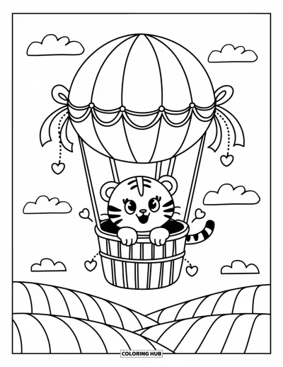 Coloriage de tigres pour adultes : Un petit tigre regarde par-dessus la nacelle d’une montgolfière, au-dessus de collines ondulantes et de nuages dérivants