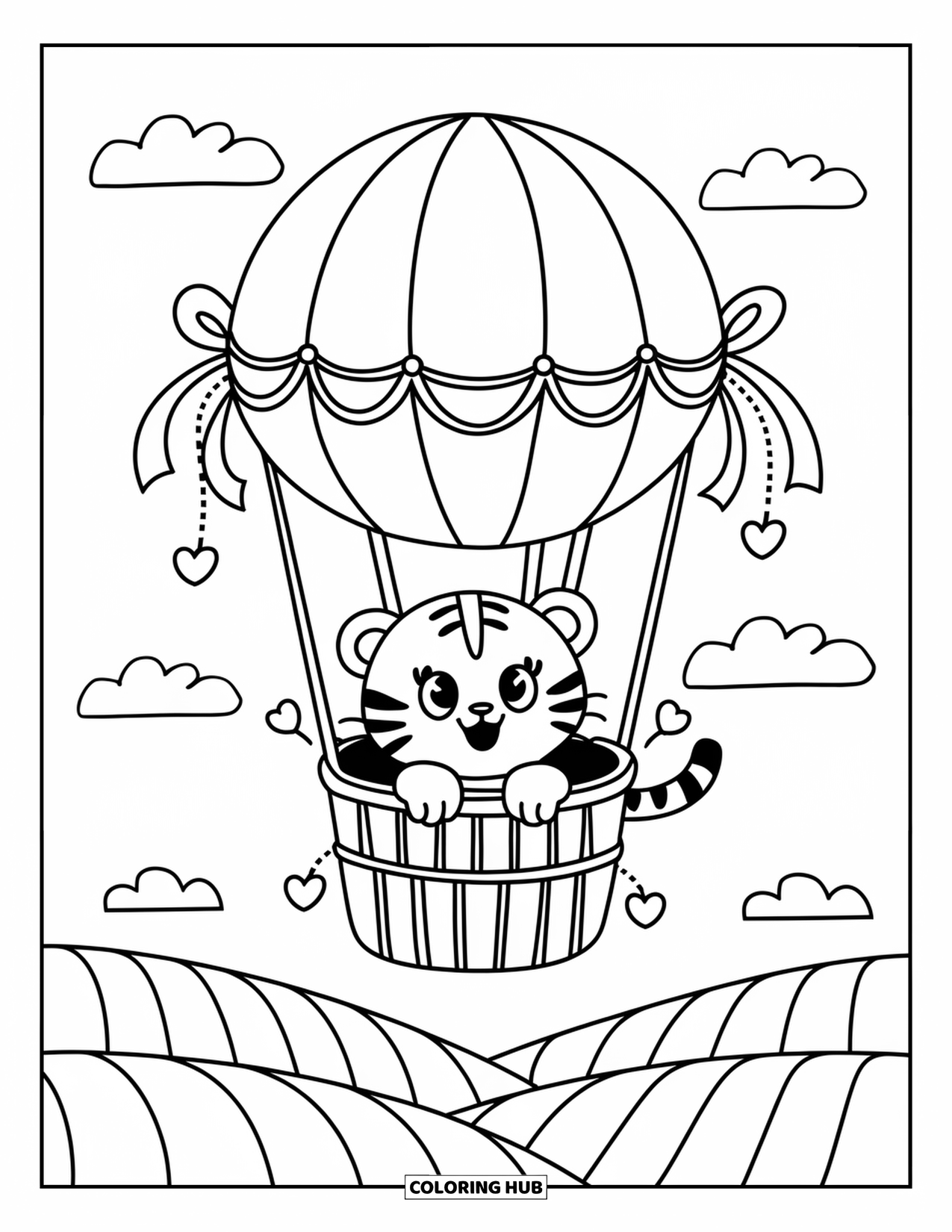 Tiger Ausmalbild für Erwachsene: Ein Tigerjunges, das über einen Heißluftballonkorb blickt und über sanfte Hügel und treibende Wolken schwebt