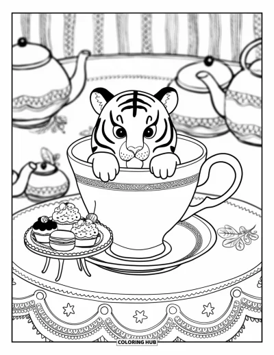 Coloriage de tigres pour adultes : Un petit tigre se repose dans une tasse géante, profitant d’un agréable goûter avec de minuscules desserts