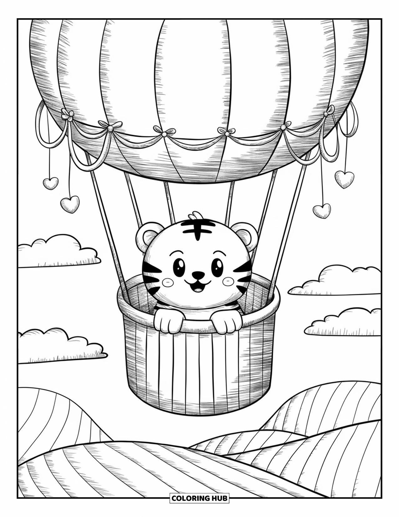 Tiger Ausmalbild für Erwachsene: Ein Tigerjunges, das in einem gestreiften Heißluftballon sitzt und aufgeregt über den Korb späht