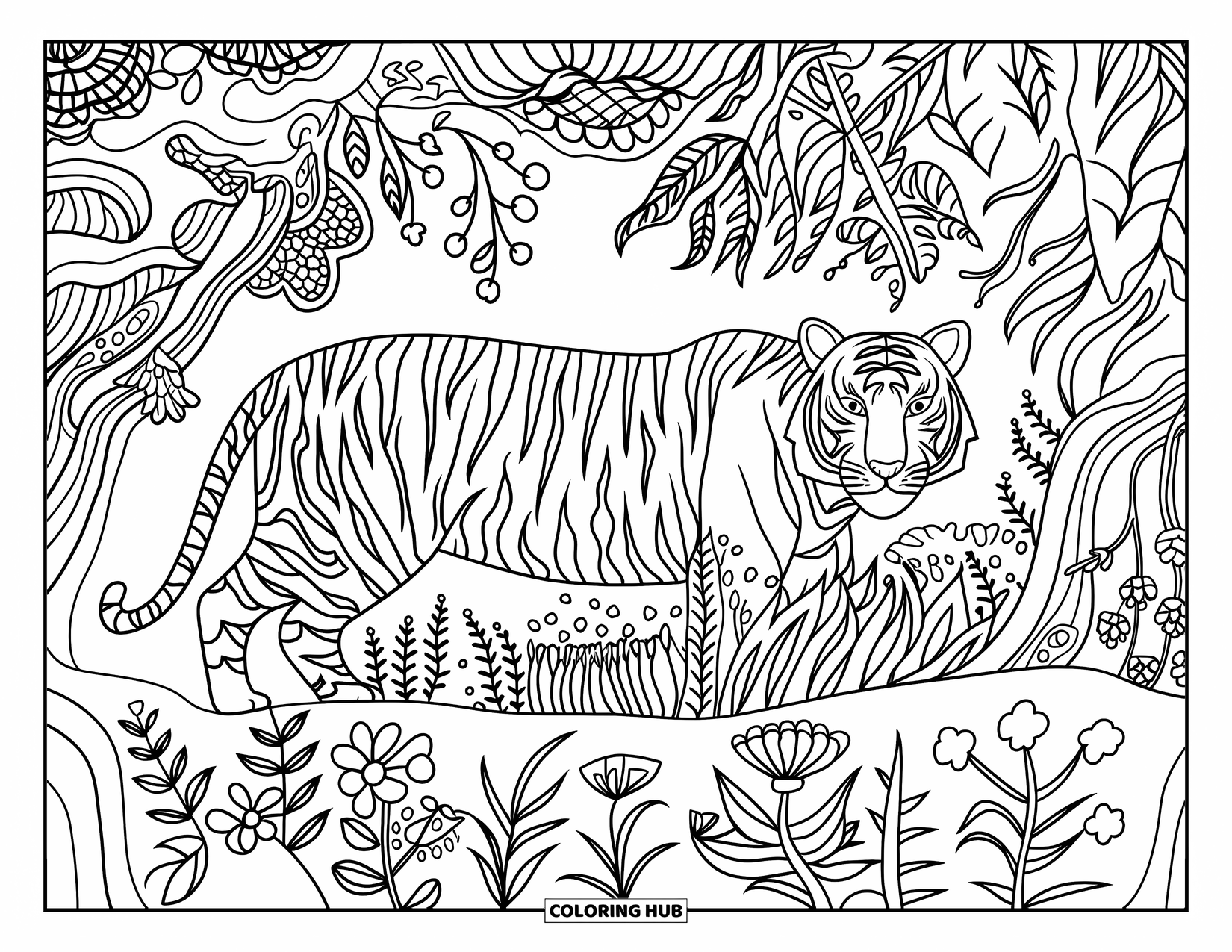 Tiger Ausmalbild für Erwachsene: Ein Tiger, der im Dschungellaub versteckt ist, umgeben von exotischen Blumen und sich windenden Ranken