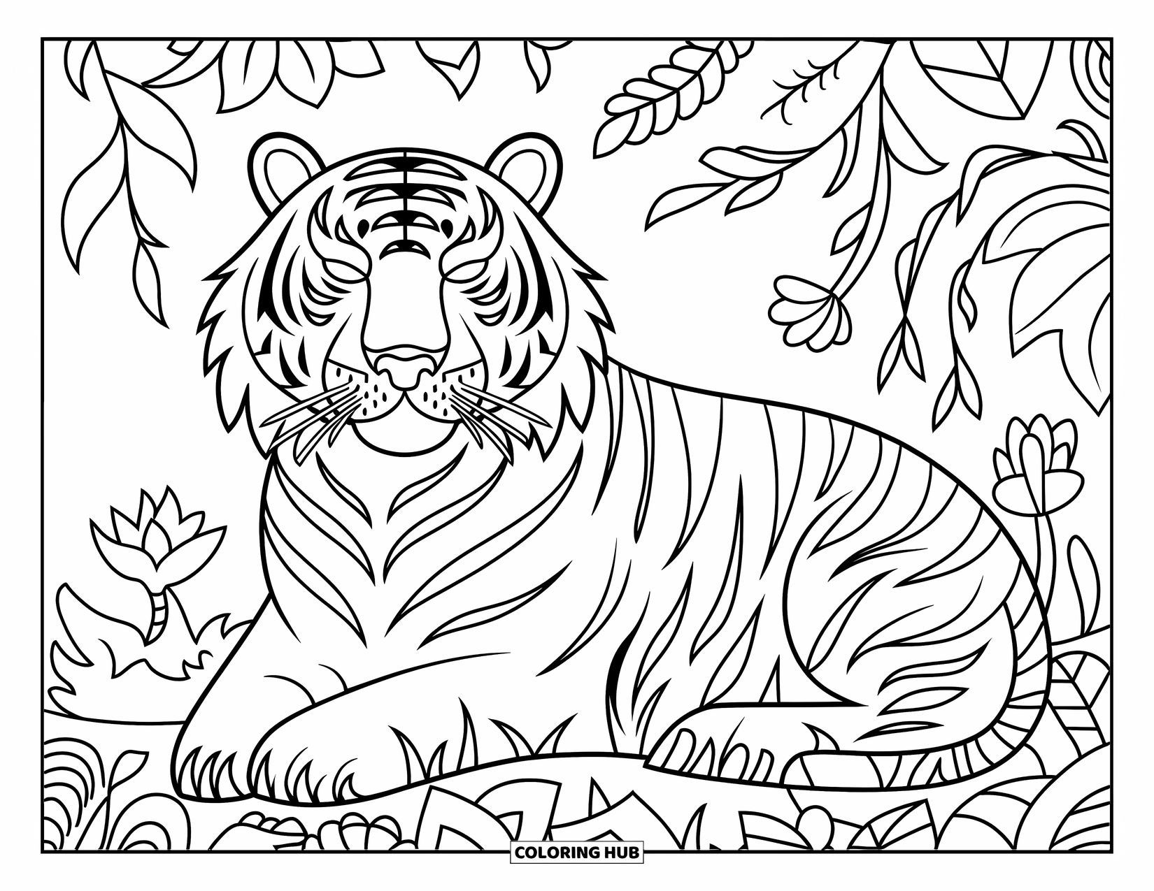 Tiger Ausmalbild für Erwachsene: Ein Tiger, der inmitten üppiger Dschungelranken und Blumen liegt, getarnt im detaillierten Laub