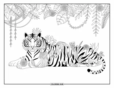 Coloriage de tigres pour adultes : Un tigre blotti dans la jungle, le corps enlacé de lianes et de fleurs exotiques