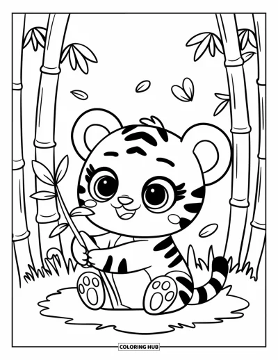 Coloriage de tigres pour adultes : Un tout petit tigre assis dans l’herbe tient une pousse de bambou, avec des yeux grands et pétillants