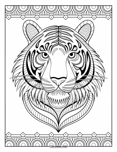 Coloriage de tigres pour adultes : Une tête de tigre style zentangle avec des motifs symétriques hypnotiques et des détails artistiques complexes