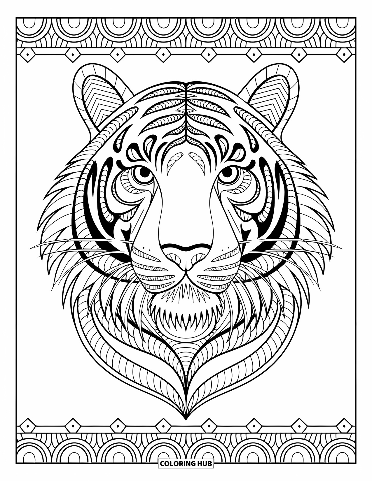 Tiger Ausmalbild für Erwachsene: Ein Tigerkopf im Zentangle-Stil mit hypnotischen, symmetrischen Mustern und komplizierten künstlerischen Details