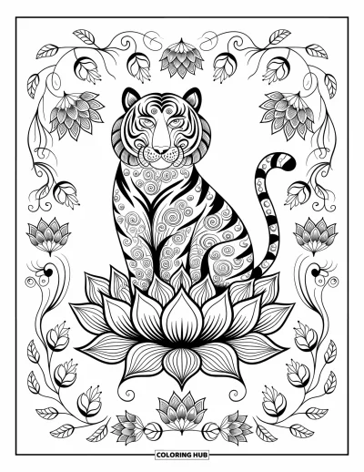 Coloriage de tigres pour adultes : Un tigre aux motifs complexes se repose sur un lotus, entouré de lianes et de motifs floraux