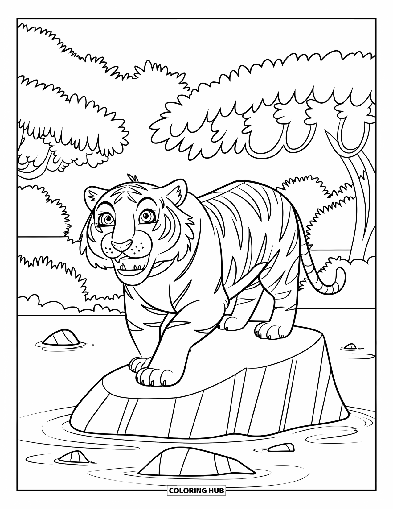 Tiger Ausmalbild für Kinder: Ein mutiger Tiger, der auf einem Felsen steht und über den Dschungel brüllt, mit einem Wasserfall in der Ferne