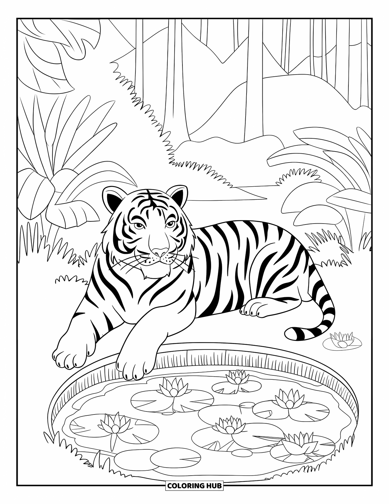 Tiger Ausmalbild für Kinder: Ein ruhiger Tiger, der in der Nähe eines Teiches liegt, umgeben von üppigen Pflanzen und sanften Wellen
