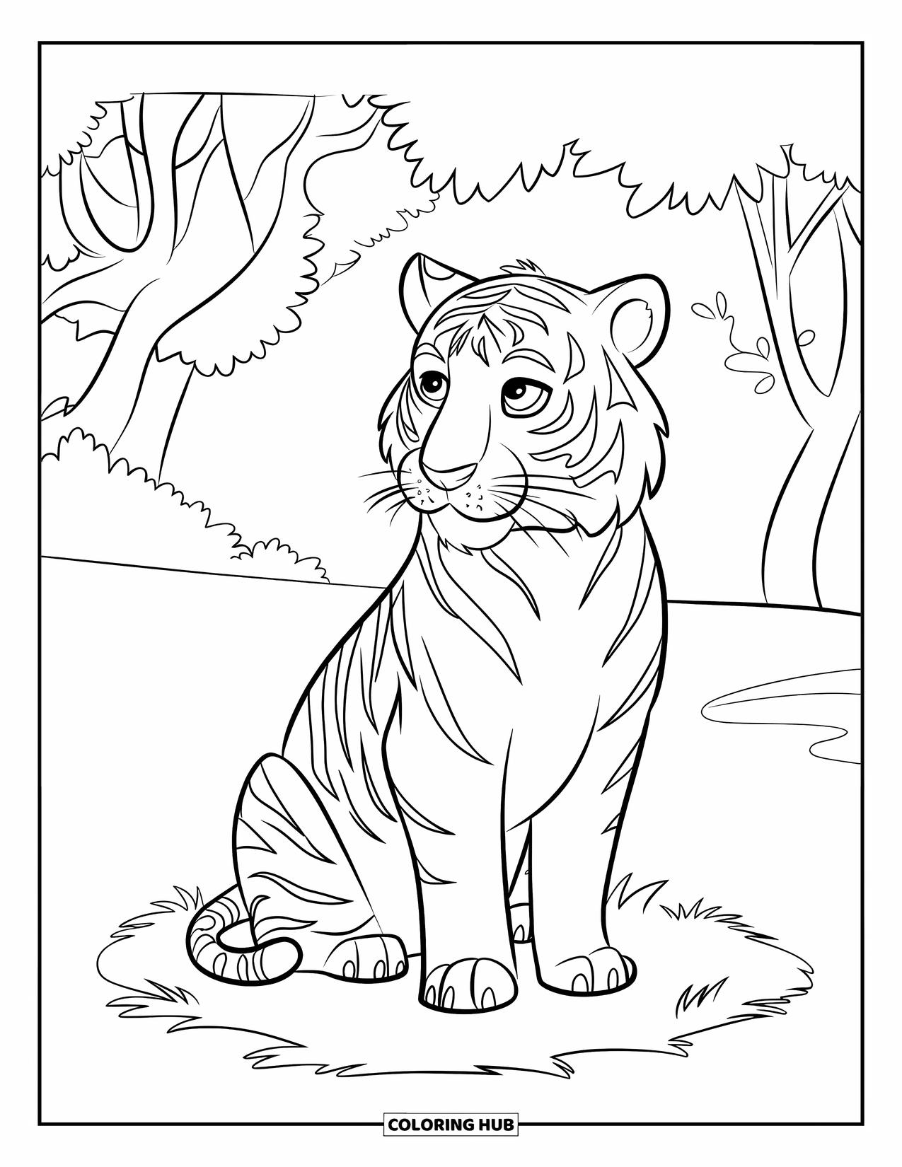 Tiger Ausmalbild für Kinder: Ein ruhiger Tiger, der im Gras ruht, umrahmt von einem Hintergrund aus hoch aufragenden Bäumen und Bergen