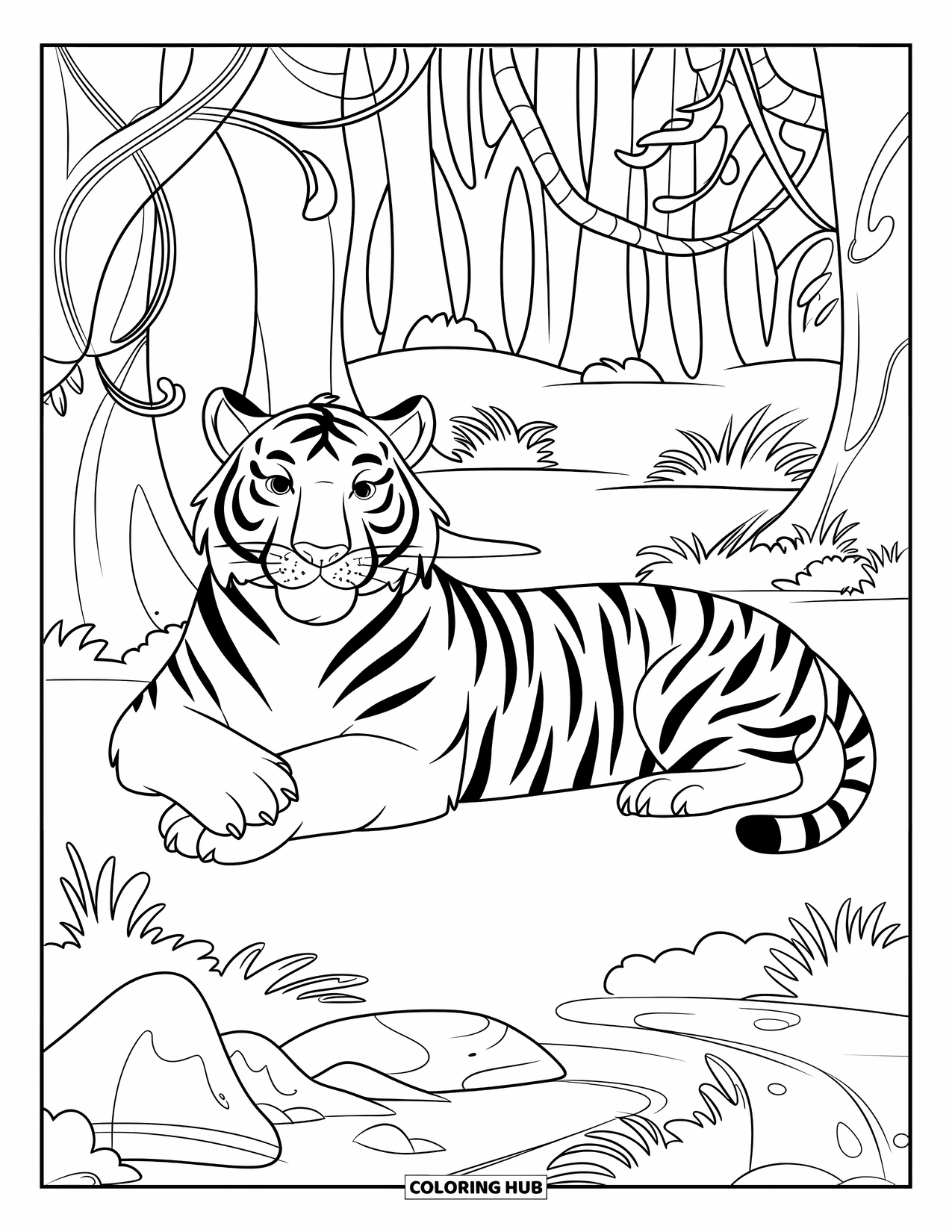 Tiger Ausmalbild für Kinder: Ein ruhiger Tiger, der im Dschungel ruht, sein Schwanz schwingt, während Wasser neben ihm fließt