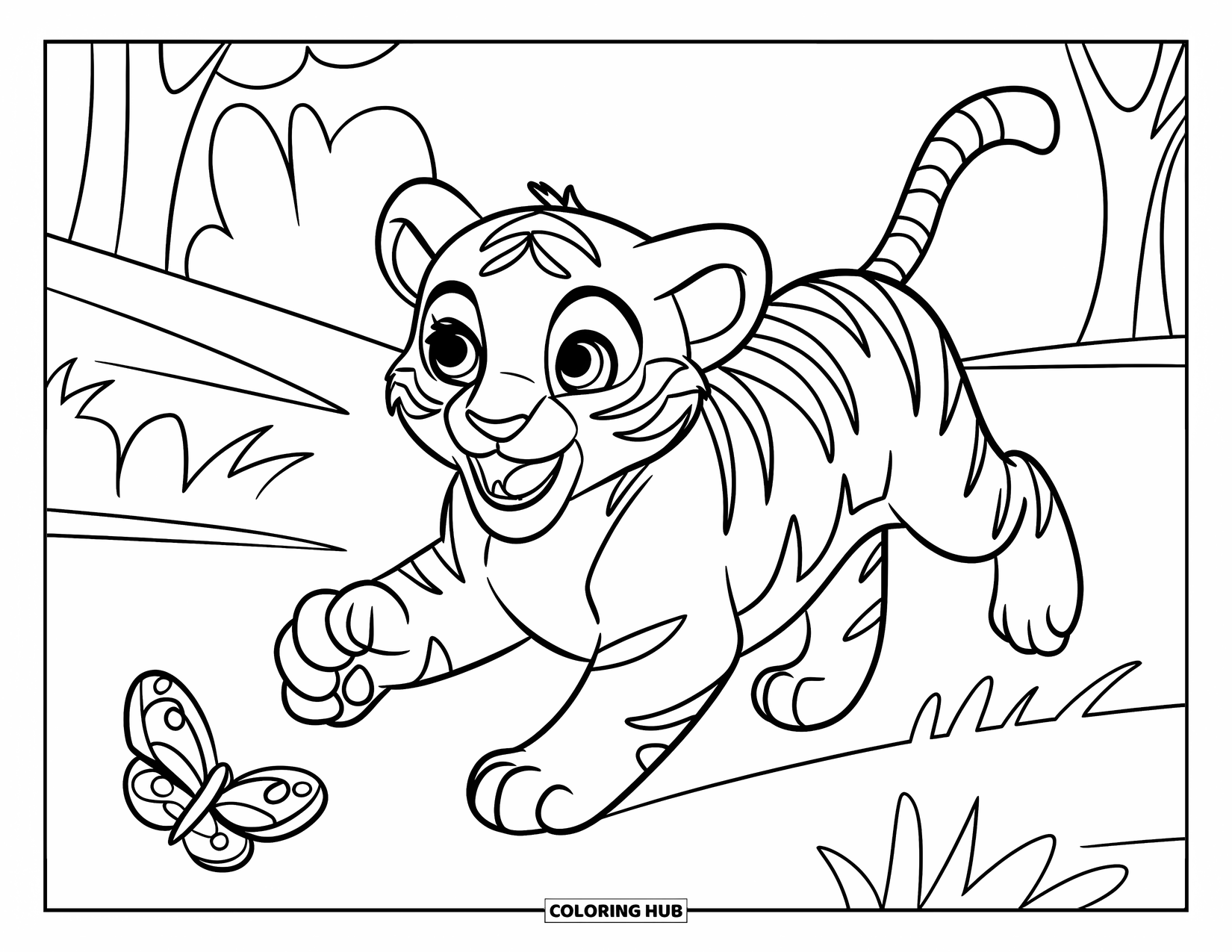 Tiger Ausmalbild für Kinder: Ein fröhliches Tigerjunges, das einem Schmetterling hinterherläuft, mit ein paar Bäumen und Hügeln im Hintergrund