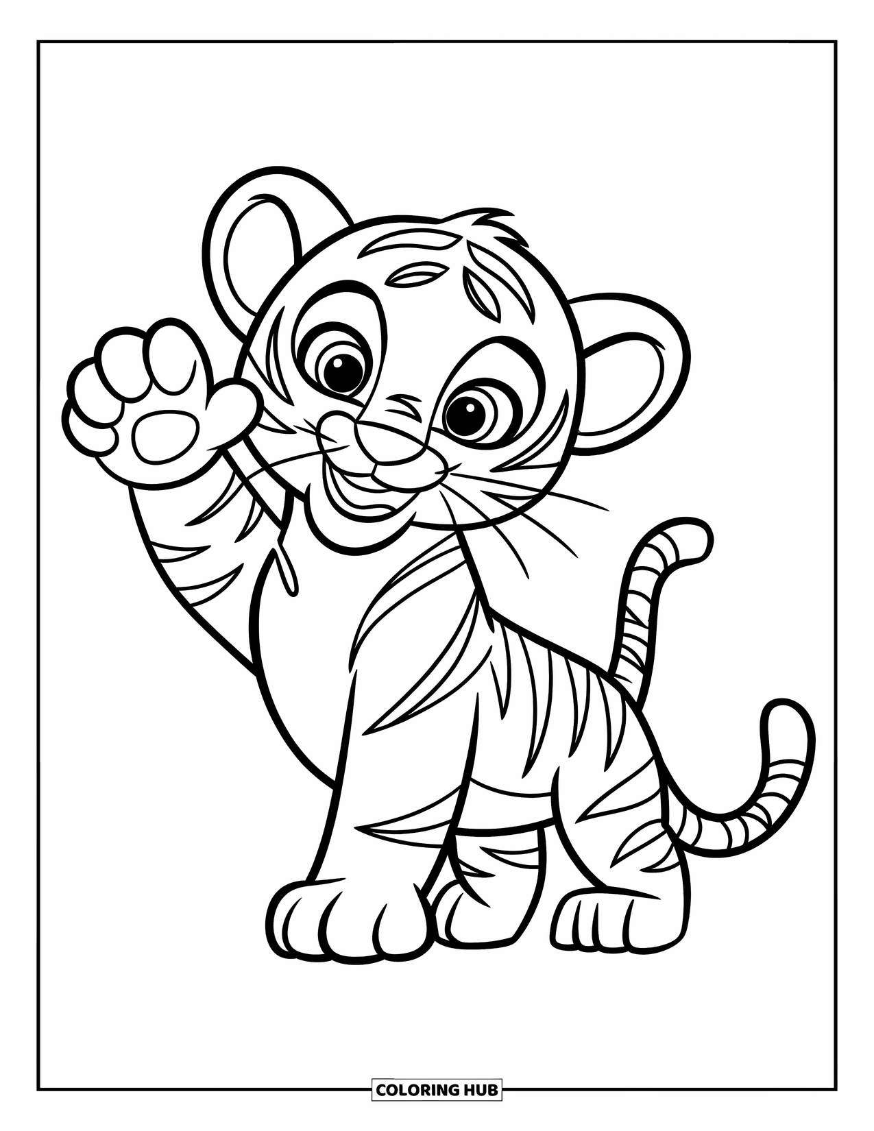 Tiger Ausmalbild für Kinder: Ein fröhliches Tigerjunges, das mit einer Pfote winkt, gezeichnet mit dicken, kräftigen Linien für Vorschulkinder