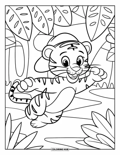 Coloriage de tigres pour enfants : Un tigre joyeux saute dans la jungle, portant un petit chapeau et entouré d’un décor ludique