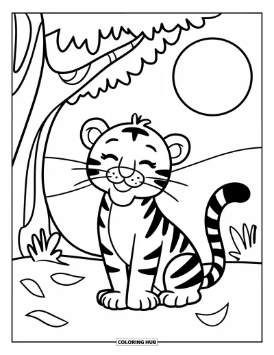 Coloriage de tigres pour enfants : Un tigre joyeux se repose sous un arbre, entouré de quelques feuilles éparpillées au sol