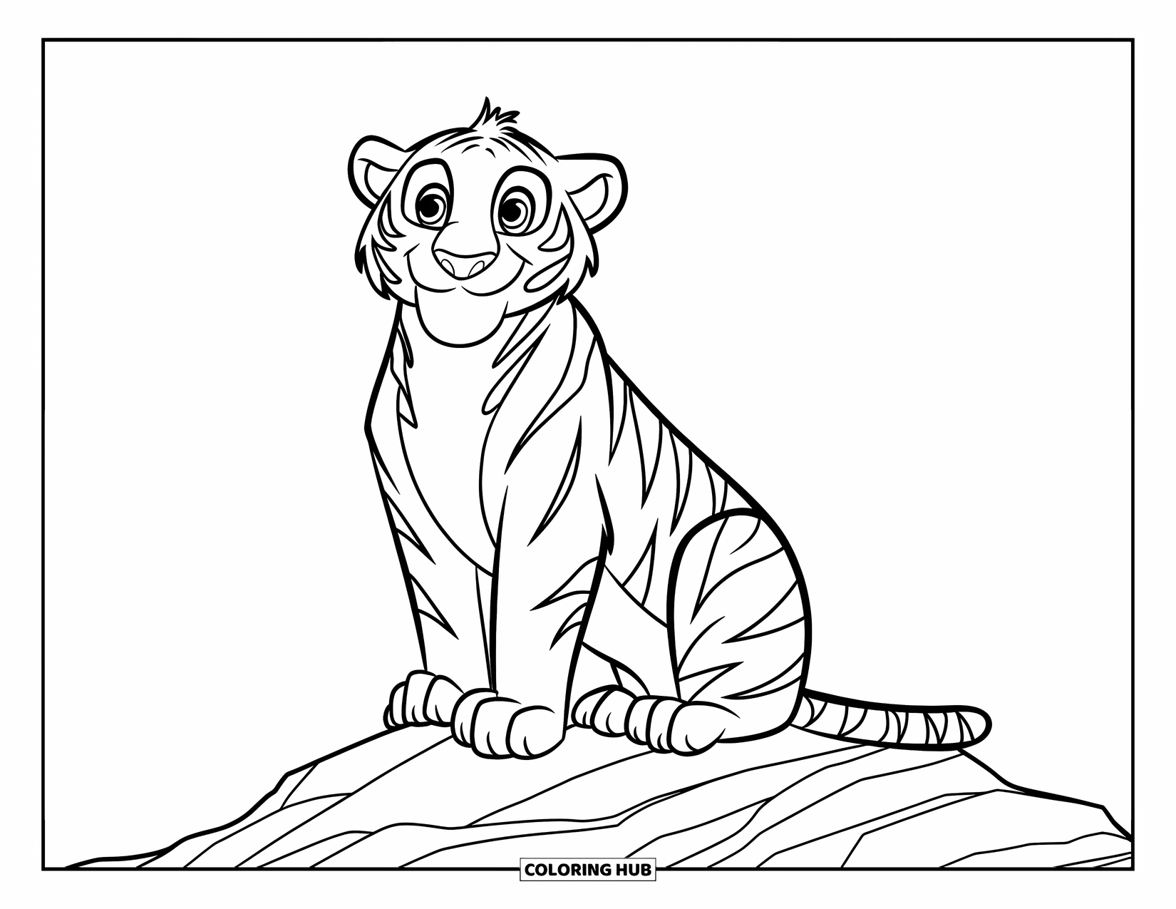 Tiger Ausmalbild für Kinder: Ein fröhlicher Tiger, der auf einem Felsen sitzt, umrandet mit kräftigen Linien für ein lustiges Ausmalerlebnis