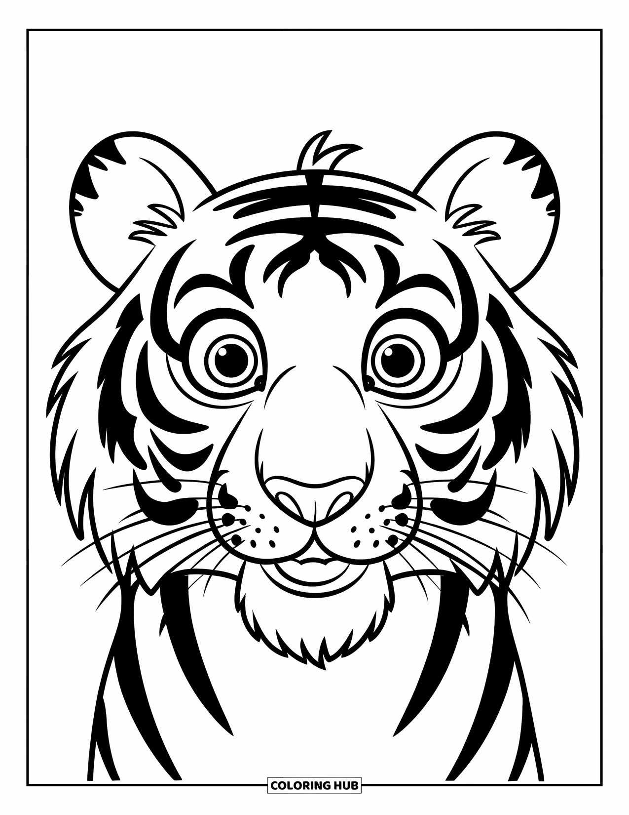 Tiger Ausmalbild für Kinder: Eine Nahaufnahme des fröhlichen Gesichts eines Tigers, mit einfachen Linien und einem verspielten Ausdruck