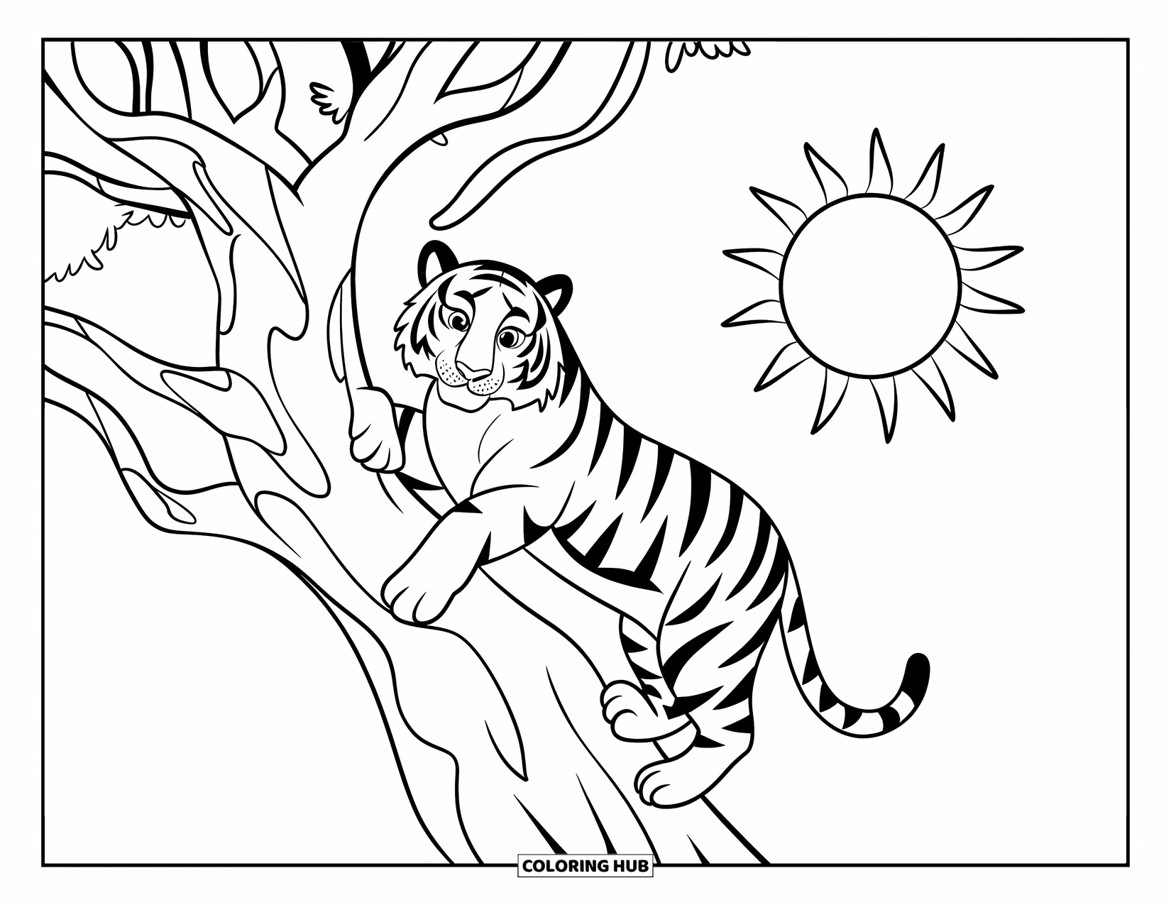 Tiger Ausmalbild für Kinder: Ein neugieriger Tiger, der auf einen Baum klettert, mit einer lächelnden Sonne, die hell im Hintergrund scheint